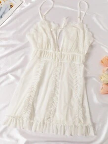 女士蕾丝网褶边前开叉系带睡衣（含丁字裤）