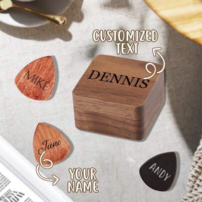 1 PC Personalized Guitar Picks, Custom Text Wooden Guitar Pick Case Box With Engraving, Wood Guitar Pick Organizer Music Gift For Guitarist Musician