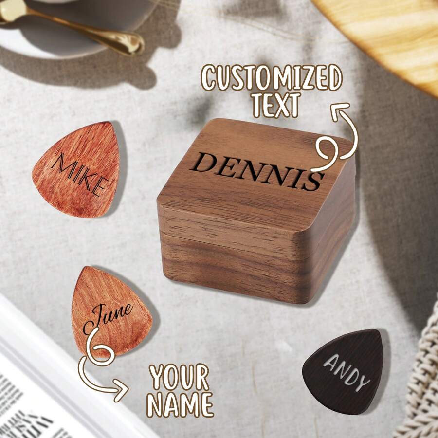 1 PC Personalized Guitar Picks, Custom Text Wooden Guitar Pick Case Box With Engraving, Wood Guitar Pick Organizer Music Gift For Guitarist Musician
