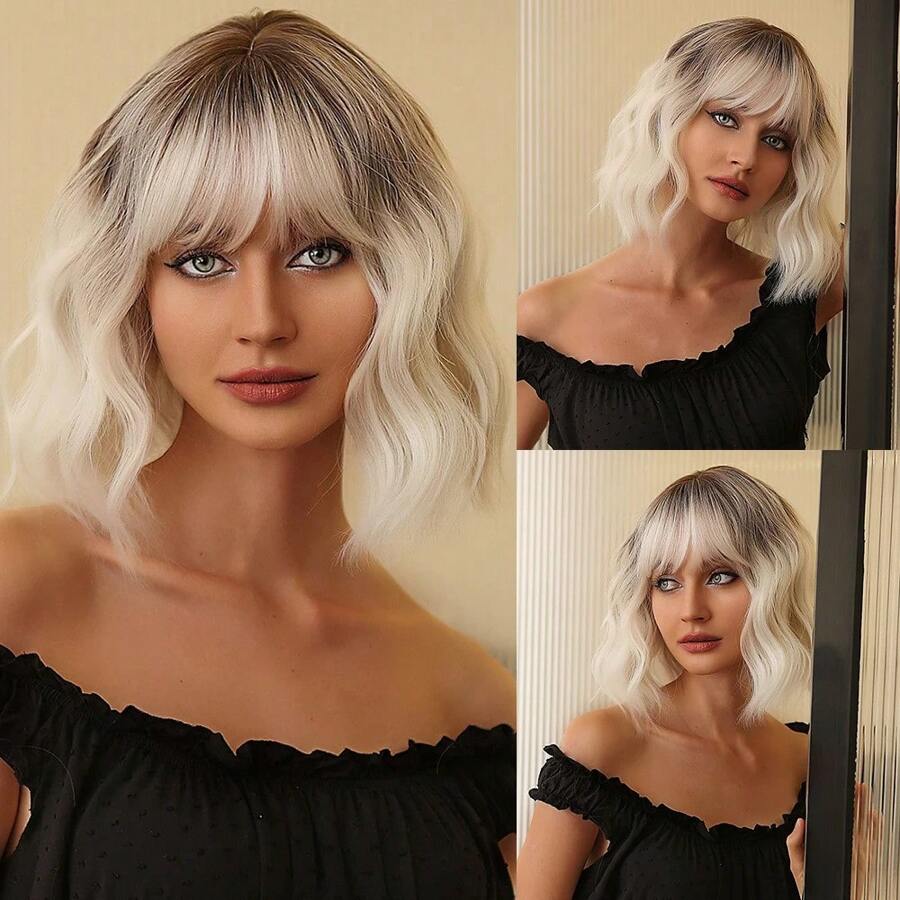 Red Copper Ginger Wigs With Bangs Water Wave Natural Daily Hair For Women Heat Resistant - Mustard Yellow - View 1