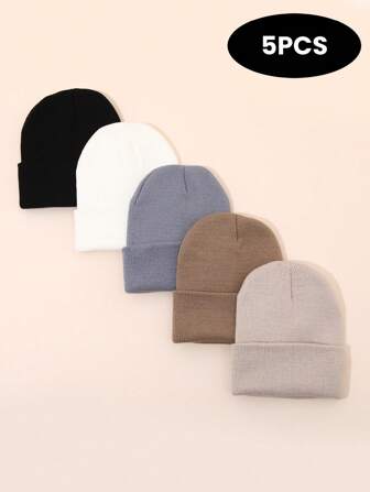 5 piezas Gorro de punto de unicolor con protección para las orejas, gorro clásico unisex para protección del frío apto para uso diario y exterior, ligero y elástico, ideal para hombres y mujeres en otoño e invierno