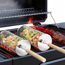 1pc Nesting Grill Basket, Removable Wooden Handle, 304 Stainless Steel, Rolling Grilling Net, BBQ Accessories Tools For Vegetables Shrimp, Outdoor Cooking Camping, Gifts For Men Dad Husband