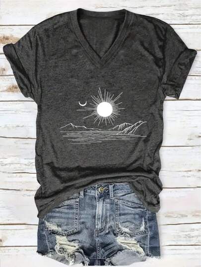 Casual T-Shirt, Printed Short-Sleeved V-Neck Slightly Stretch T-Shirt