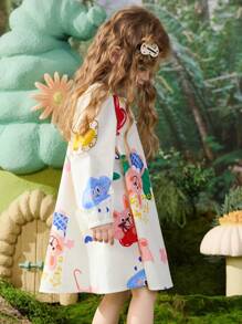 ASK JUNIOR ASK JUNIOR Girls Digital Print Mid-Length A-Line Dress With Puff Sleeves, Spring/Autumn
