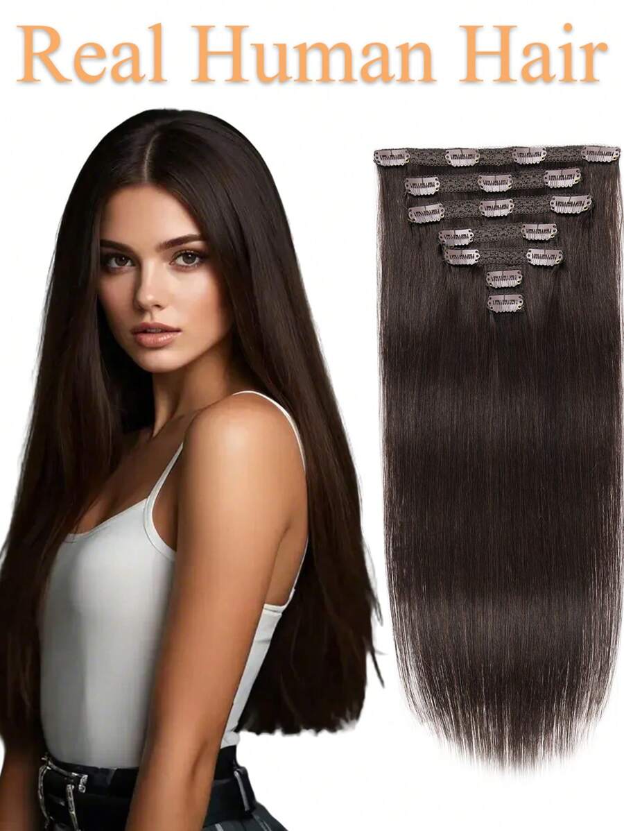 7pcs/Set, 16pcs Clips, 70g Straight Hair Extensions With Clips, Real Human Hair, #2 Dark Brown, Double-Layered Sewing, Suitable For Women's Daily Wear, Easy To Wear - S2 - 查看 1