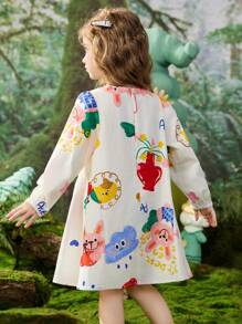 ASK JUNIOR ASK JUNIOR Girls Digital Print Mid-Length A-Line Dress With Puff Sleeves, Spring/Autumn