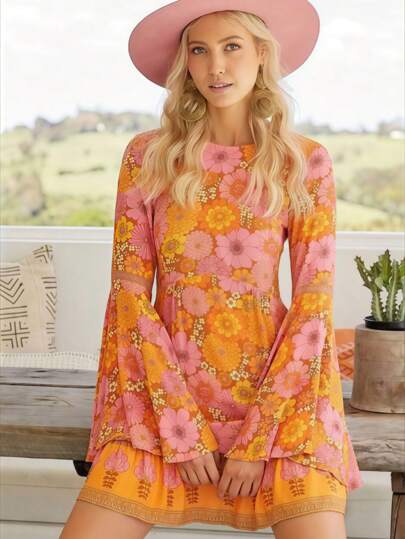 1set Halloween Vintage 70s 80s Hippie Costume Dress, Position Flower Print Dress, For Party & Stage Use (Excluding Earrings And Necklace)