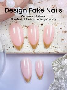 24 szt. średniej długości, migdałowe, dociskane sztuczne paznokcie, złote, francuskie końcówki, luksusowy i elegancki styl, błyszczące, pełne pokrycie, dla kobiet, dziewcząt, sztuczne paznokcie, panie, imprezy, randki, artykuły do paznokci, sztuka