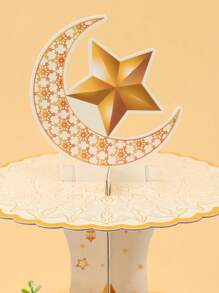 1pc Gold-Tone Eid Mubarak Cupcake Stand, Moon & Star Pattern Cupcake Display Rack, Ramadan Party Decoration Supplies, Eid Holiday Home Decor