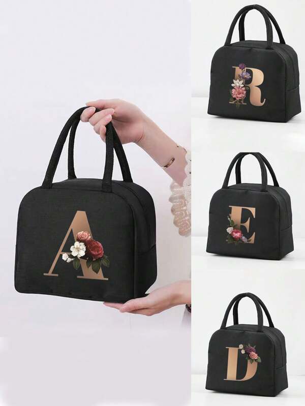 Gold Floral & Letter Print Portable Insulated Lunch Bag, Zippered Closure Lunch Box Cooler For Picnic, Personalized Letter Design