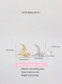 1 件 925 纯银月亮和星星金耳钉，精致 Cz 耳钉，小巧简约耳钉，适合女性日常佩戴，以 1 件出售（不是 1 对）