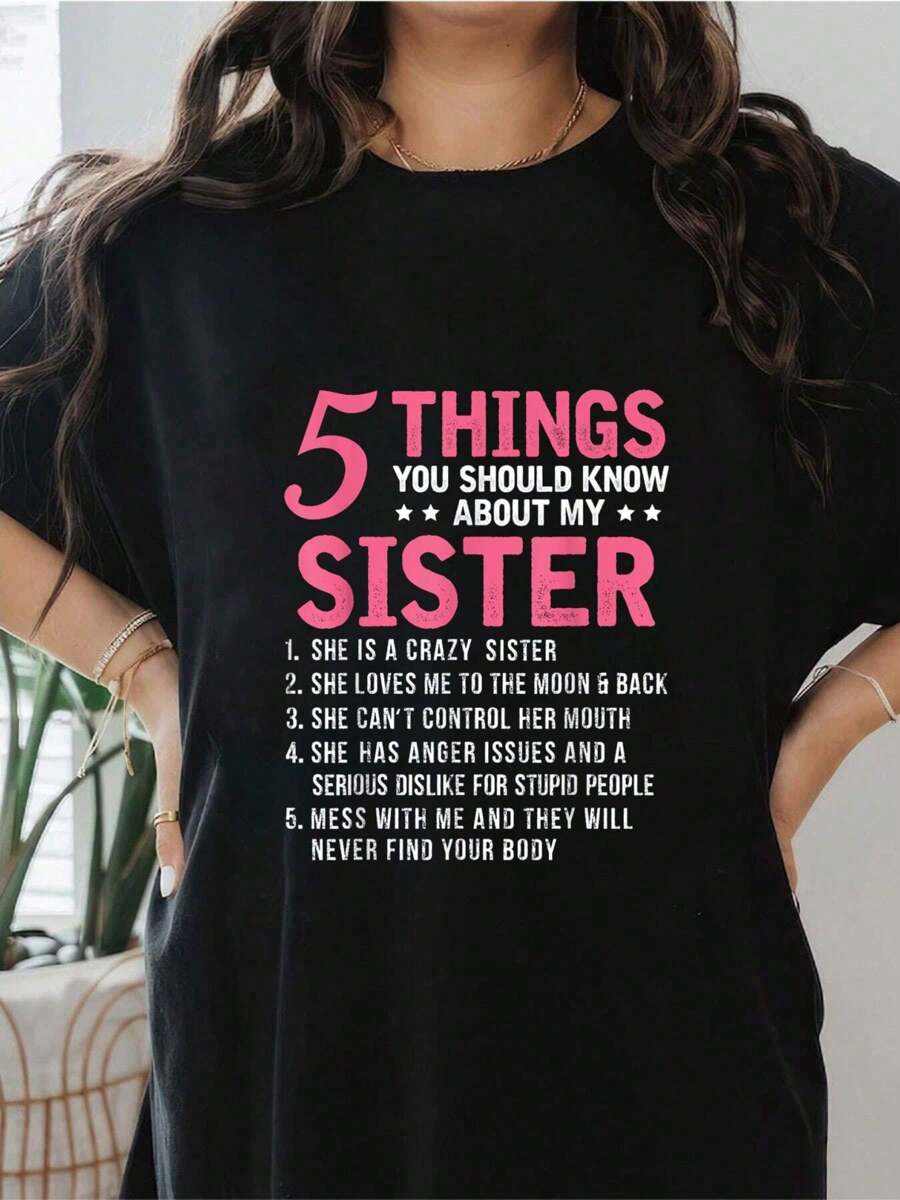 5 Things You Should Know About My Sister Funny Brother T-Shirt Print T-Shirt, Short Sleeve Round Neck Casual Top For Summer & Spring, Women's Clothing