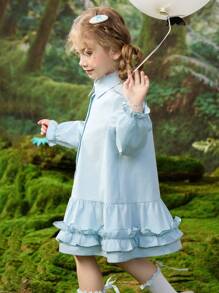 ASK JUNIOR Young Girls Big Wave Ruffle Edge Breathable Shirt Dress, Princess Dress For Spring - Blue - View 5