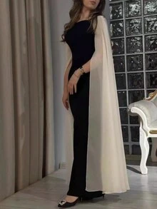 新款女士撞色方领法式优雅紧身长款春夏连衣裙 - 黑色 - 查看 2