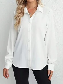 Camisa Frontal de Botão Sólida, Blusas de Manga Comprida Camisa de chiffon com lapela solta e decote em V, camisa casual com botões e manga longa