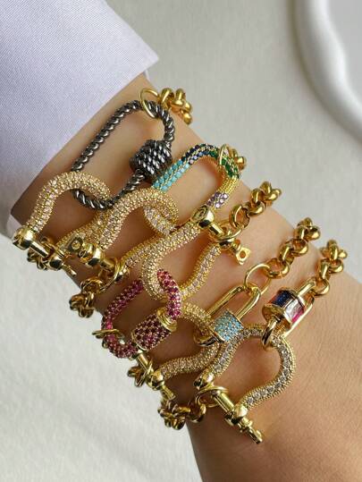 STYLEVER 1 件金色圆形弹簧扣手链 Rolo 链手链，金色链手链，螺丝扣手链，彩色手链，金色 U 型链，金色马蹄链