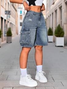 Casual Washed Distressed Multi-Pocket Vintage Style Denim Cargo Shorts - Dark Wash - View 3