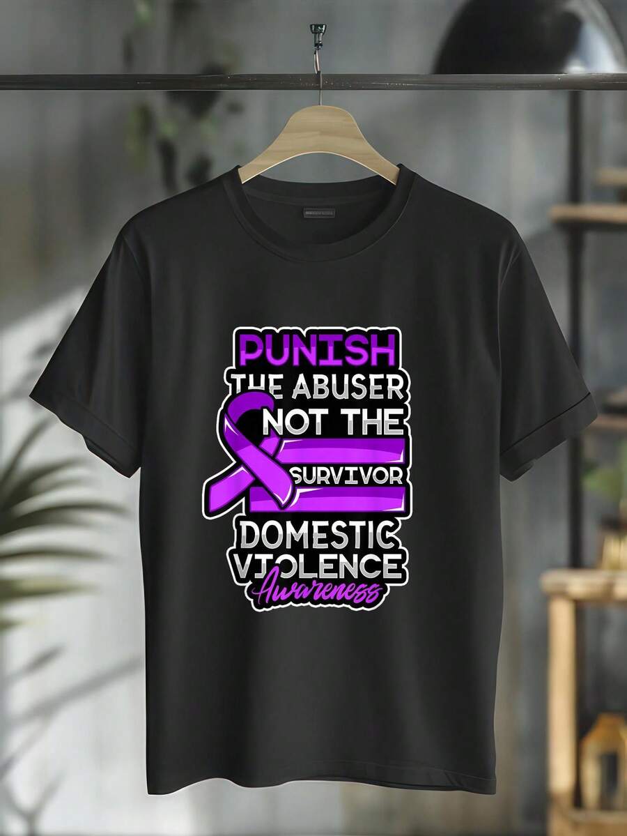 Domestic Violence Survivor Tshirt Abuse Support Punish Month T-Shirt Casual Short Sleeve Shirt - Black - View 1