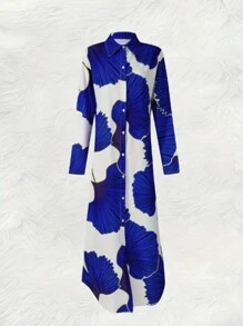 Loose Shirt Dress With Buttons Front, Casual Solid Color Split Hem Dress In Spring And Autumn, Shirt Dresses For Women - Blue and White - View 4