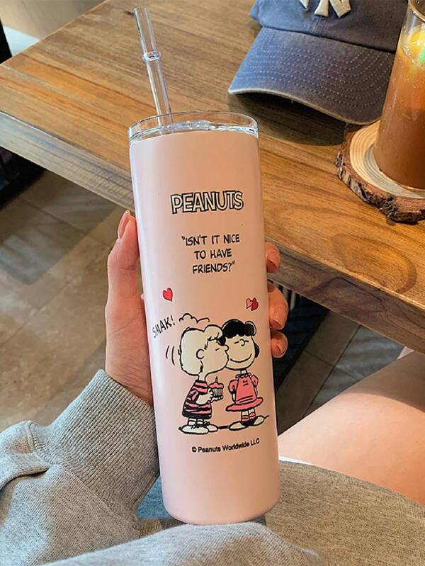 SNOOPY 1 pieza Vaso aislado de acero inoxidable de 650ml, de gran capacidad, taza de viaje portátil para el automóvil con pajita