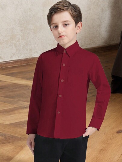 Tween Boys Shirts Long Sleeve Shirts Wedding Uniform Party Shirts With Pocket Burgundy Size 6-16Y