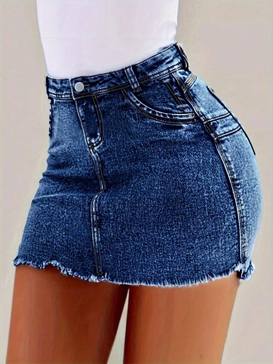 Womens Denim Skirt With Pockets Frayed Hem Elastic Waist Comfortable Casual Summer Fashion - 深色水洗藍 - 查看 1