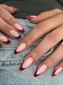 24片粉色杏仁形法式美甲贴片，简约风格，高光泽全覆盖，适合女性和女孩，可用于DIY美甲、沙龙礼物、情人节美甲、美甲用品等。 - 彩色 - 查看 2