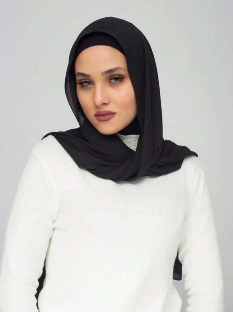 1pc Women Classic Casual Pullover Chiffon Scarf, Solid Color Comfortable Breathable Modale Fabric Neck Gaiter, Multifunctional Head Wrap, Suitable For Daily Wear For Dress - Black - View 4