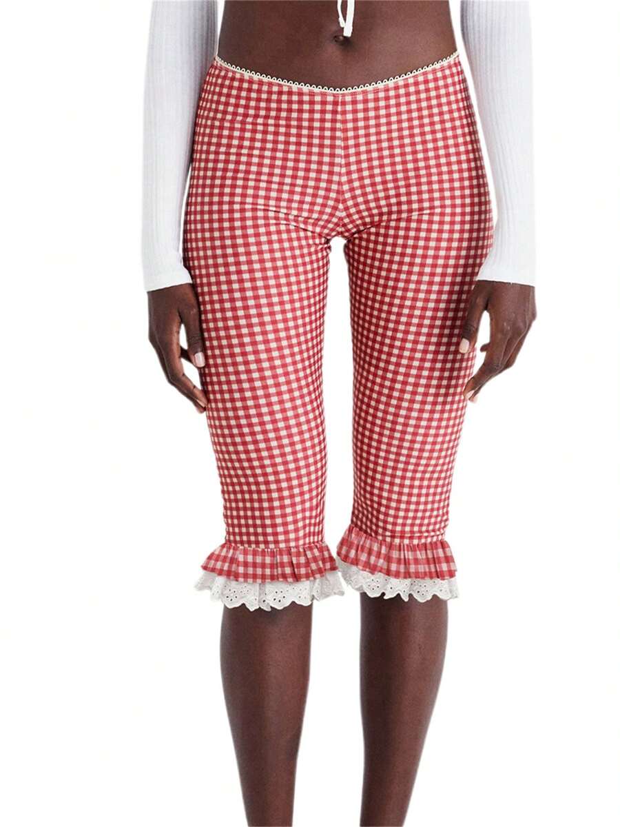 Women Capri Pants Plaid Lace Ruffles Hem Summer Casual Cropped Pants Stretch Crop Leggings - Red - View 1