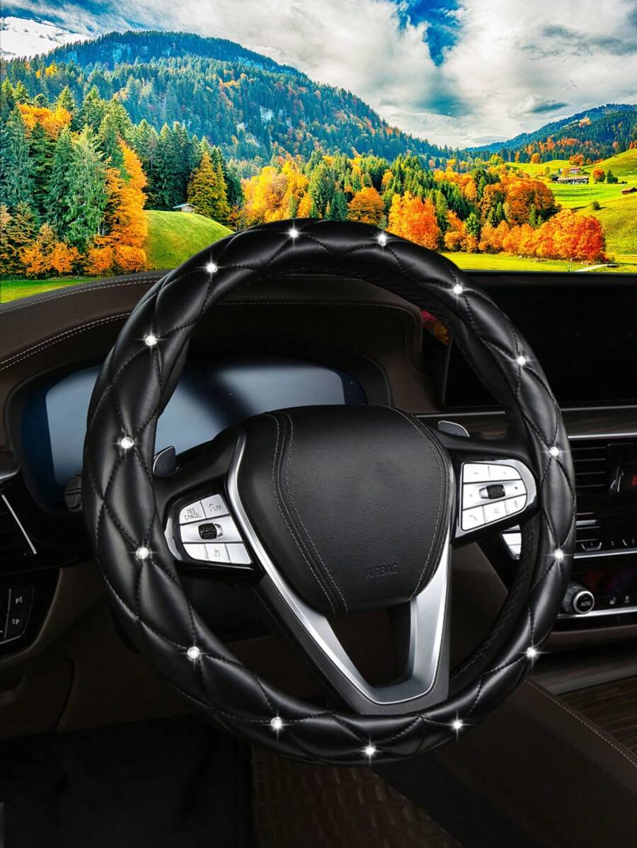 1pc Rhinestone Embellished Faux Sheepskin Car Steering Wheel Cover, Anti-Slip, Fits 14.5-15 Inch, Holiday Gift
