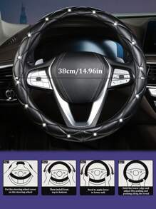 1pc Rhinestone Embellished Faux Sheepskin Car Steering Wheel Cover, Anti-Slip, Fits 14.5-15 Inch, Holiday Gift - Multicolor - View 12