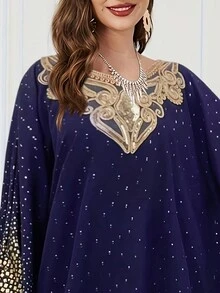 Women's Elegant Solid Color Arabic Middle East Abaya Dress, V-Neck Long Sleeve, Lace Floral Collar, Beaded, Metallic Print, Modest Kaftan