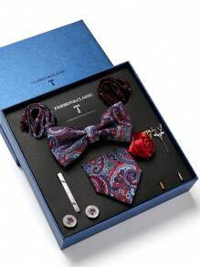 AlanKing 1 套金色花朵领带、手帕、袖扣、胸花男士正装西装适合婚礼、商务、情人节礼物男士领带