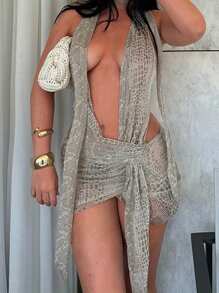 Women Lingerie Nightdress Snake Print Halter Bodycon Mini Short Sleepwear Tie-Up Dress - 灰色 - 查看 4