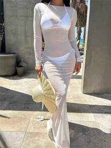 Ladies Beach Perspective Dress Long Skirt - White - View 5