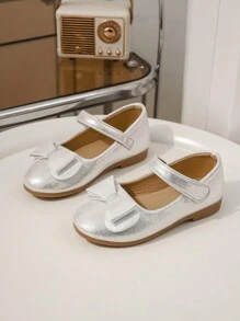 Fashionable Girls' Princess Shoes With Bow Decoration, Versatile Flat Shoes For Spring & Summer - Silver - View 4