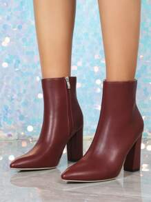 Women's Fashion New Short Boots, Classic Boots, Solid Color High-Quality Leather, Minimalist & Versatile For Commuting, Office, Outing, Party, Side Zipper, Super High Heel, Chunky Heel, Pointed Toe Short Boots, Motorcycle Boots - Burgundy - View 7