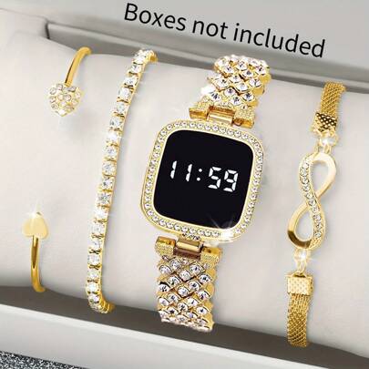 4 Pcs Women Watch Set Ladies Gold Digital LED Watch FREE Bracelet,Gift Daily Decoration Holiday