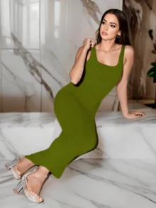 Women's Square Neck Fitted Long Dress - Green - View 2
