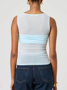 Women's Sheer Mesh Tank Tops Sleeveless Round Neck Solid Color Slim Fit Ruched Vest - Sky Blue - View 6