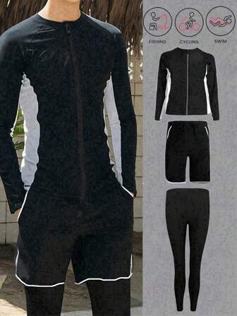 3-częściowy męski letni zestaw sportowy: obcisły czarno-biały minimalistyczny kostium kąpielowy, luźne spodenki z kieszeniami i strój wędkarski/rowerowy