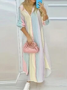 Loose-Fitting Shirt Dress With Buttons Down The Front, Casual Dress With A Split Hem In A Solid Color For Spring And Autumn, Shirt Dresses For Women. - 彩色 - 查看 5