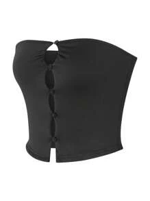 Women Summer Basic Bandeau Solid Color Button Cutout Strapless Off-Shoulder Crop Tops Streetwear Club Wear - Black - View 10