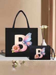 Color Gradient Butterfly Flower Letter A-Z Pattern Tote And Cosmetic Bag Set, Casual Style, Fabric Structure - Black - View 37