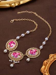 1 件复古时尚奢华仿珍珠椭圆花卉印花水钻宫廷风格流苏项链 - 金黃色 - 查看 3