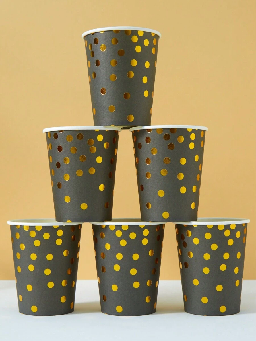 10pcs/25pcs Disposable Paper Cups With Black Background And Gold Polka Dots, Suitable For Iced Drinks, Coffee, Birthday Parties, Family Gatherings, Picnics, And Decorations