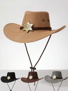1 pièce Chapeau de cowboy unisexe occidental avec insigne amovible, chapeau de soleil Panama à large bord, protection solaire d'été, chapeau de plage, convient pour les événements de cowboy occidental, les festivals, les performances sur scène, l'ombrage au soleil, pour toutes les saisons