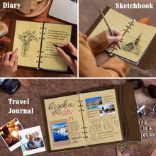 A5 Blank Page Vintage Leather Journal Notebook, Refillable Writing Diary, Travel Diary, Art Sketchbook, Gift For Women, Men, Teenage Girls And Boys, 160 Pages,School Supplies,Back To School - Multicolor - View 6