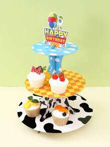 1set Happy Birthday Theme Decorative Cake Holder, Cartoon Blue Sky White Clouds Pattern Cupcake Stand Multi-Layered Cake Tray, For Birthday Babe Shower Party Holiday Table DIY Cake Decoration Supplies, Happy Birthday Cake Topper Food Tray, Birthday Party Gifts Favor