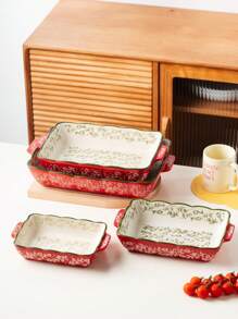 Loyang Keramik Motif Bunga Vintage Merah yang Dilukis Tangan dengan Pegangan, Peralatan Masak Persegi untuk Dapur, Cocok untuk Salad, BBQ, Ayam Panggang, Kue, dan Pizza, Aman untuk Oven dan Microwave - Merah - View 2